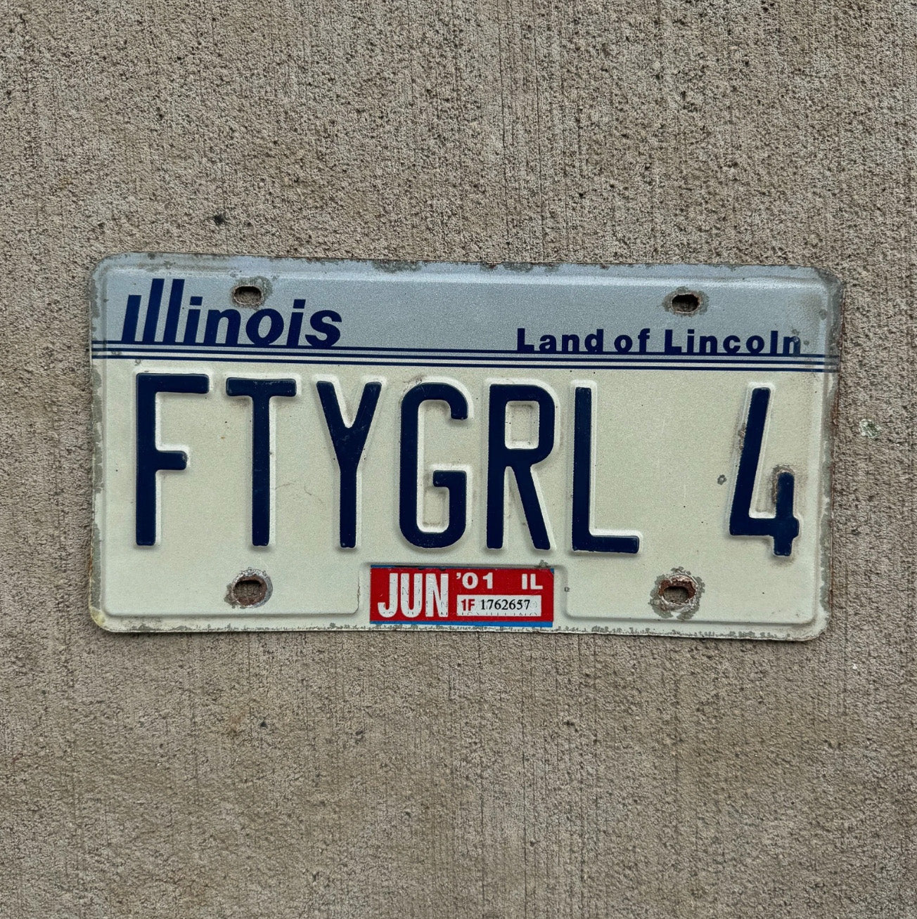 Photo of a 1983 Illinois Vanity License Plate Auto Tag 1 Garage Decor Girl FTY GRL 4