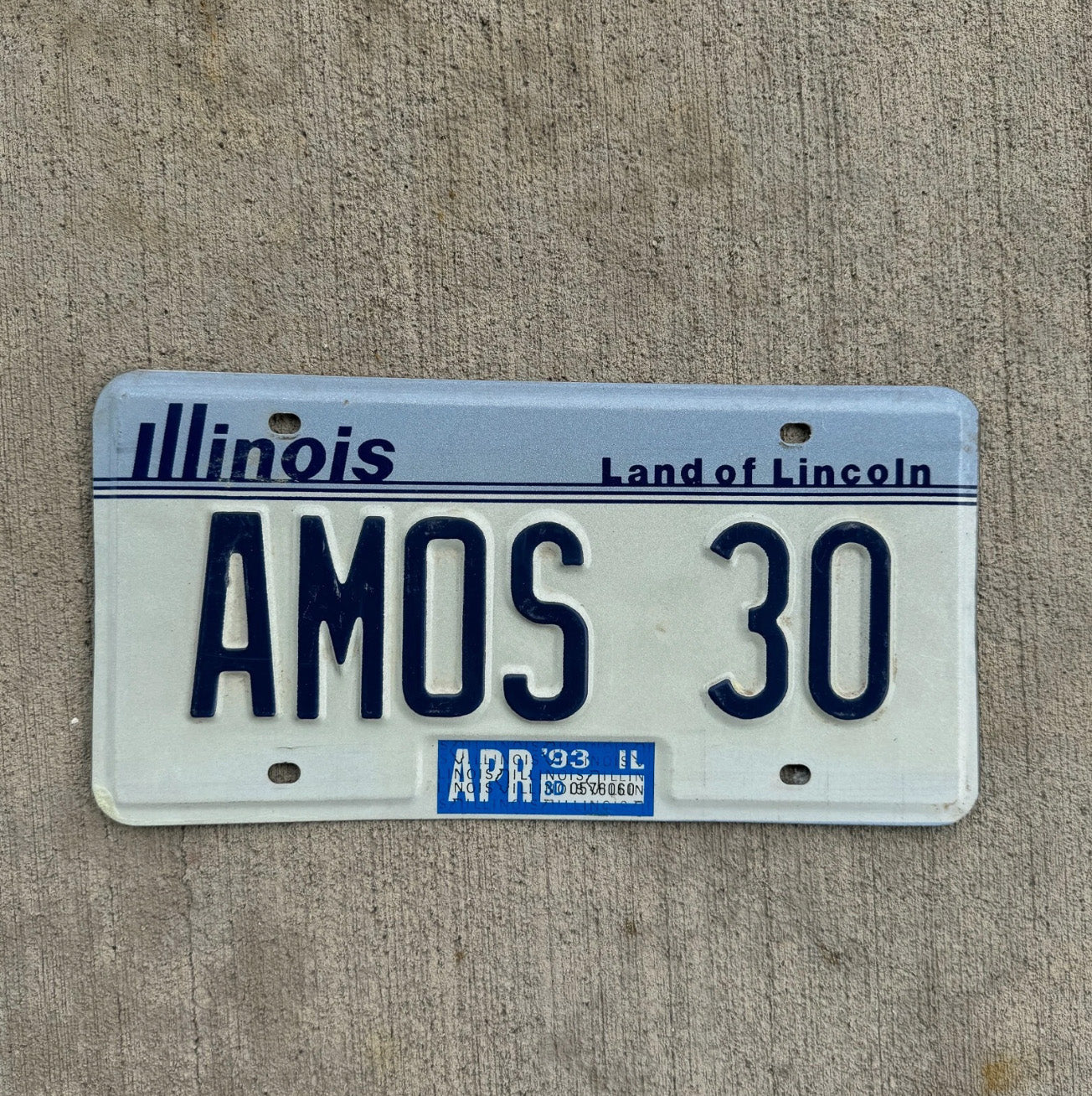 Photo of a 1983 Illinois Vanity License Plate Auto Tag 1 Garage Decor Name AMOS 30