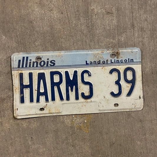 Photo of a 1983 Illinois Vanity License Plate Auto Tag 2 Garage Decor Last Name HARMS 39