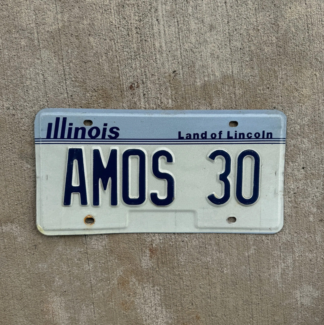 Photo of a 1983 Illinois Vanity License Plate Auto Tag 2 Garage Decor Name AMOS 30