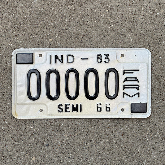 Photo of a 1983 Indiana Farm Semi Trailer License Plate Auto Tag Garage Decor Vintage Sample 0000 with original patina