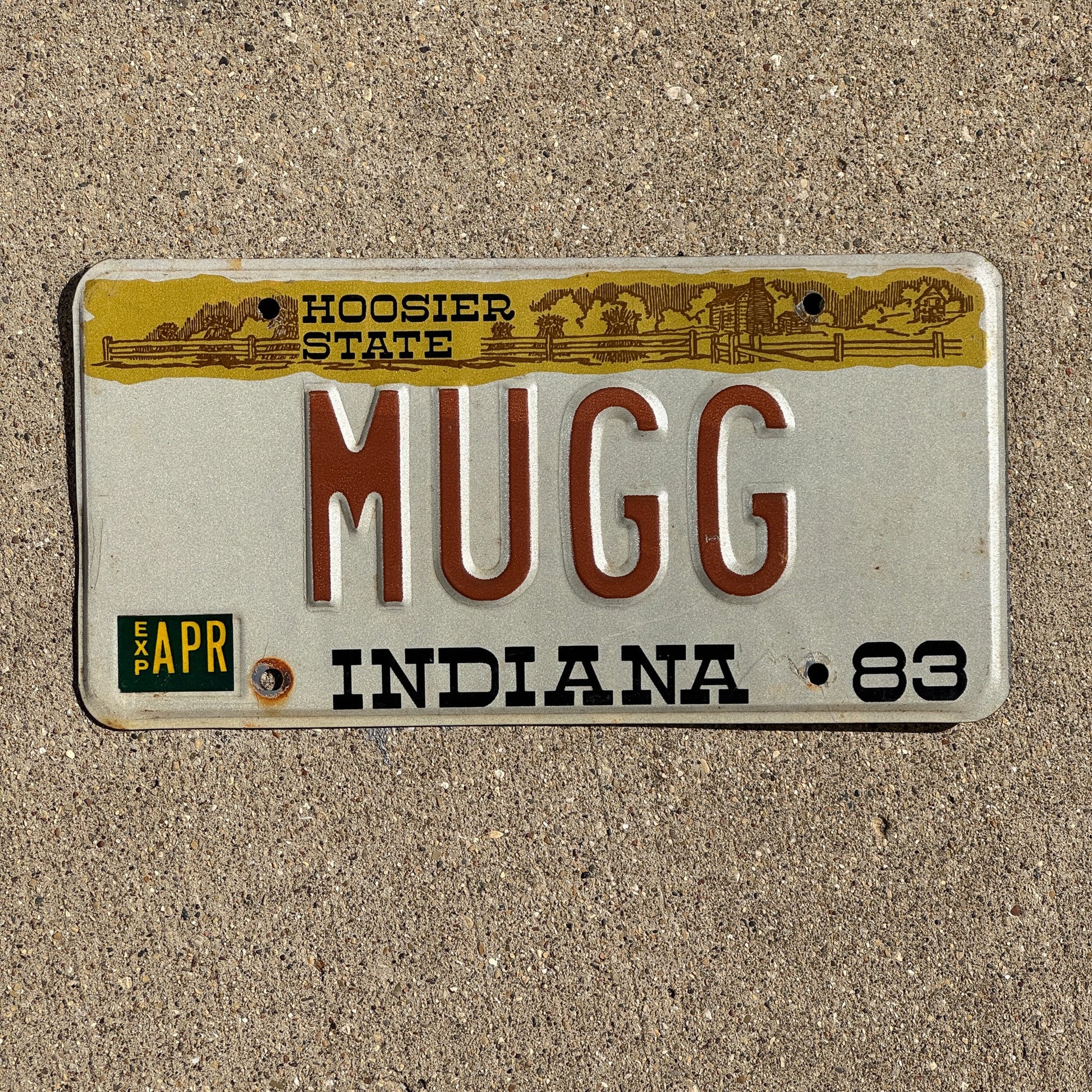 Photo of a 1983 Indiana VANITY License Plate Auto Tag Garage Decor Vintage MUGG