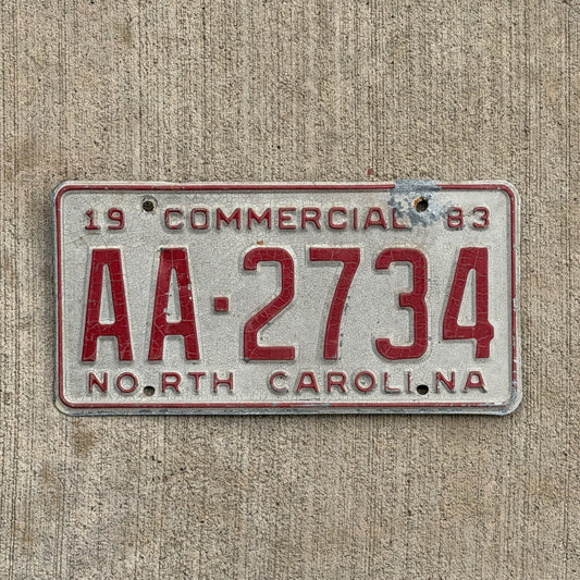 Photo of a 1983 North Carolina Commercial License Plate Auto Tag Garage Decor Vintage AA Block Early Issue AA 2734 with original patina