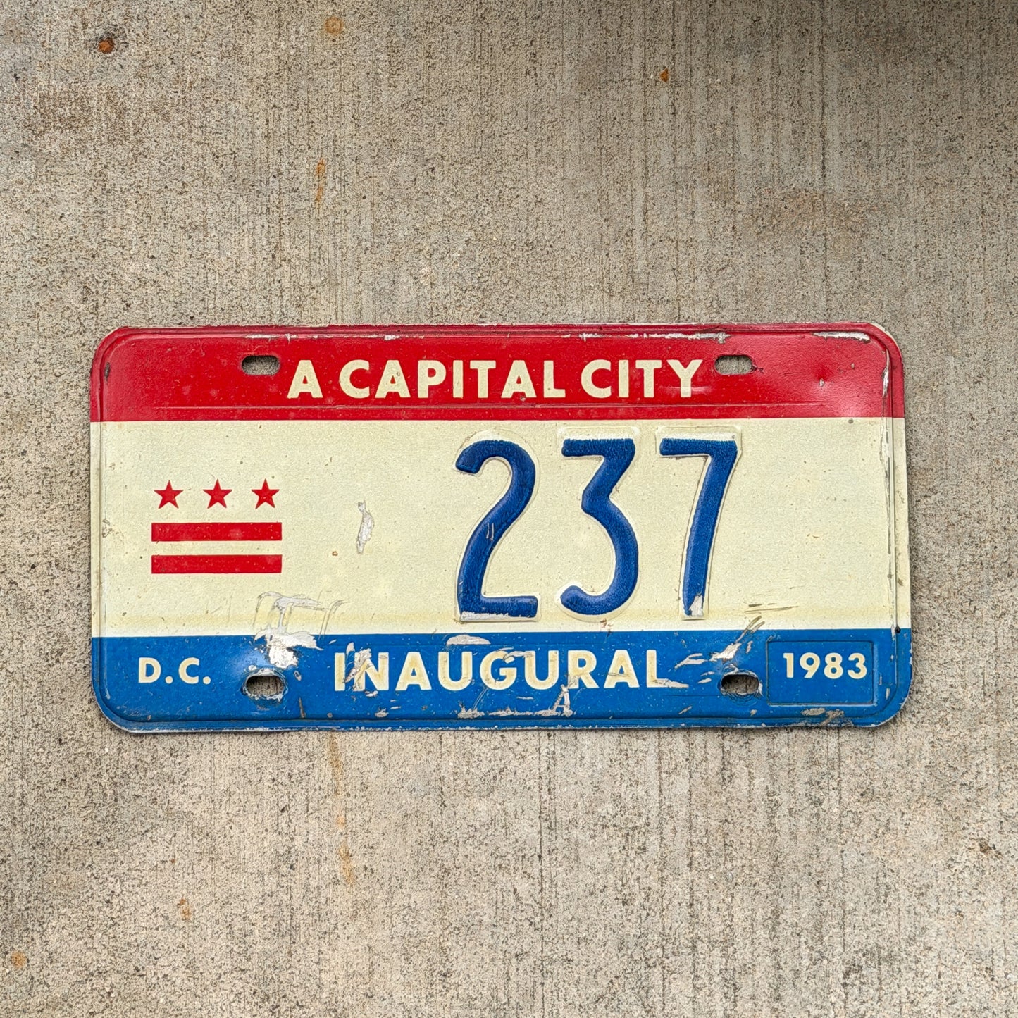 Photo of a 1983 Washington DC Inaugural License Plate Auto Tag 1 Vintage Garage Mayor Low Number Three Digit 237 with original patina