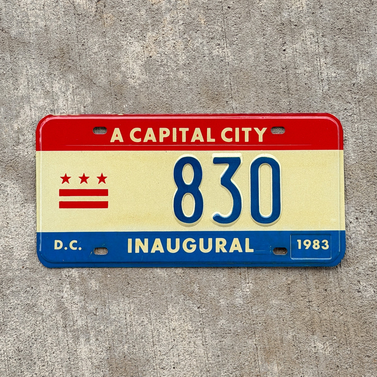 Photo of a 1983 Washington DC Inaugural License Plate Auto Tag 1 Vintage Garage Mayor Mayoral Election Marion Barry 830 with original patina