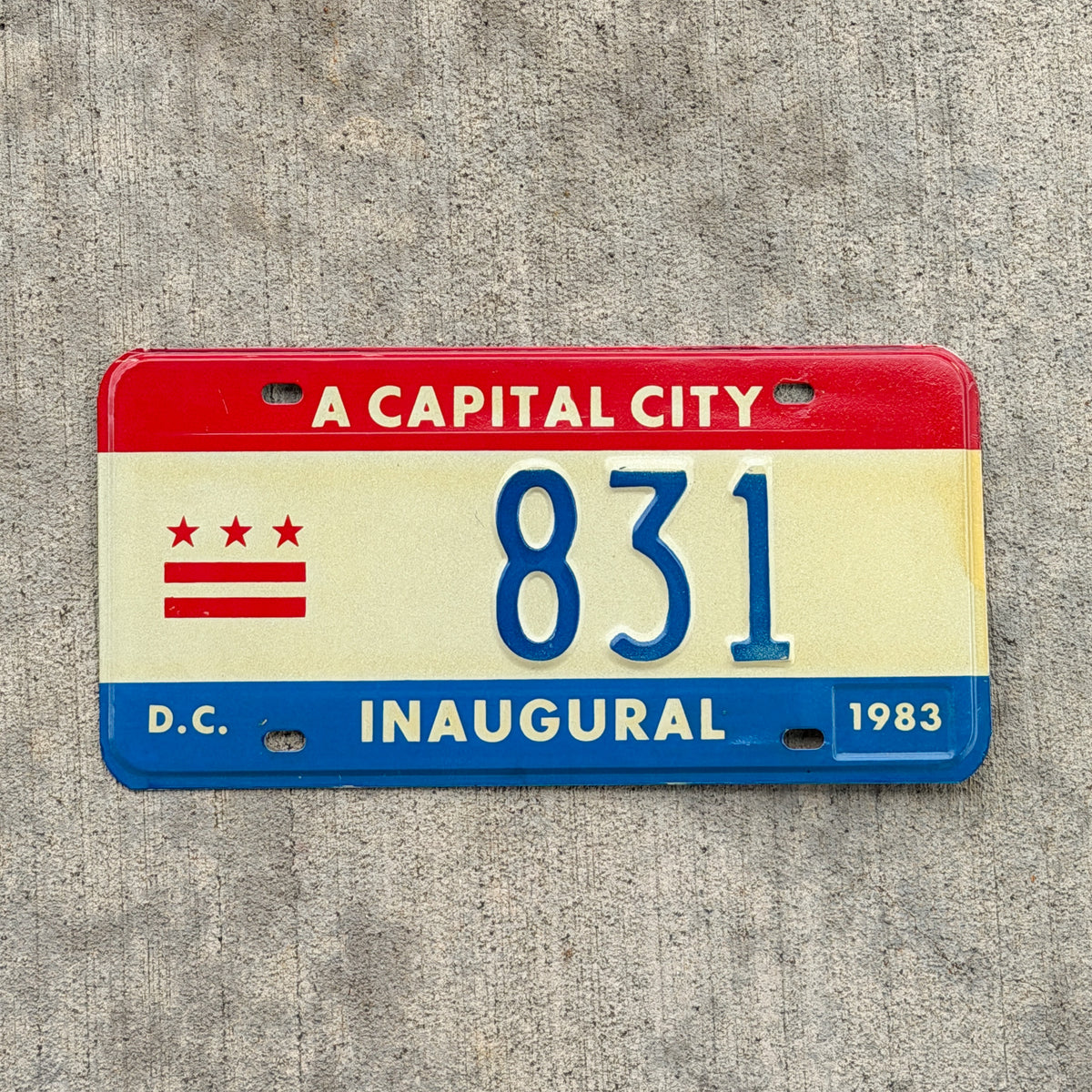 Photo of a 1983 Washington DC Inaugural License Plate Auto Tag 1 Vintage Garage Mayor Mayoral Election Marion Barry 831 with original patina