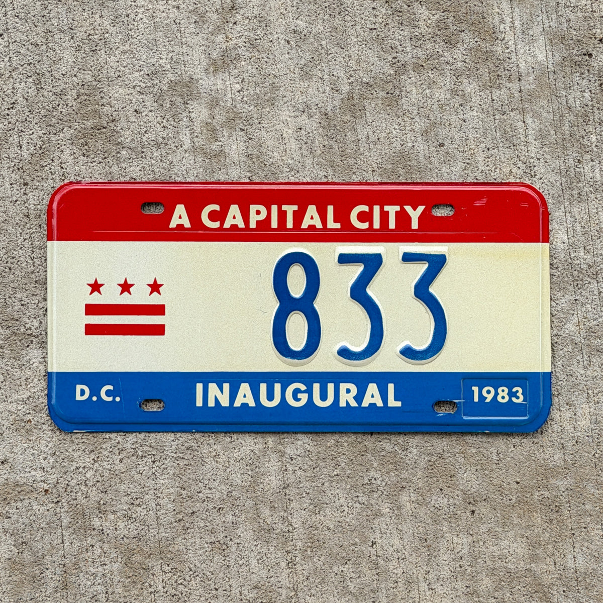 Photo of a 1983 Washington DC Inaugural License Plate Auto Tag 1 Vintage Garage Mayor Mayoral Election Marion Barry 833 with original patina