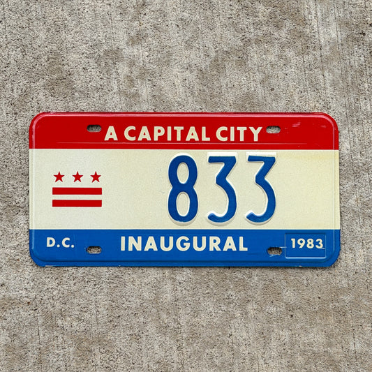 Photo of a 1983 Washington DC Inaugural License Plate Auto Tag 1 Vintage Garage Mayor Mayoral Election Marion Barry 833 with original patina
