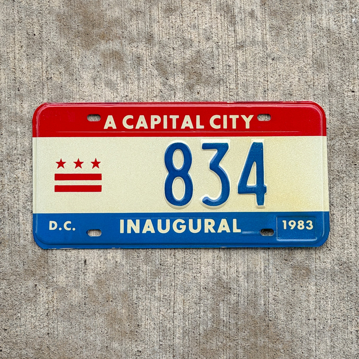 Photo of a 1983 Washington DC Inaugural License Plate Auto Tag 1 Vintage Garage Mayor Mayoral Election Marion Barry 834 with original patina