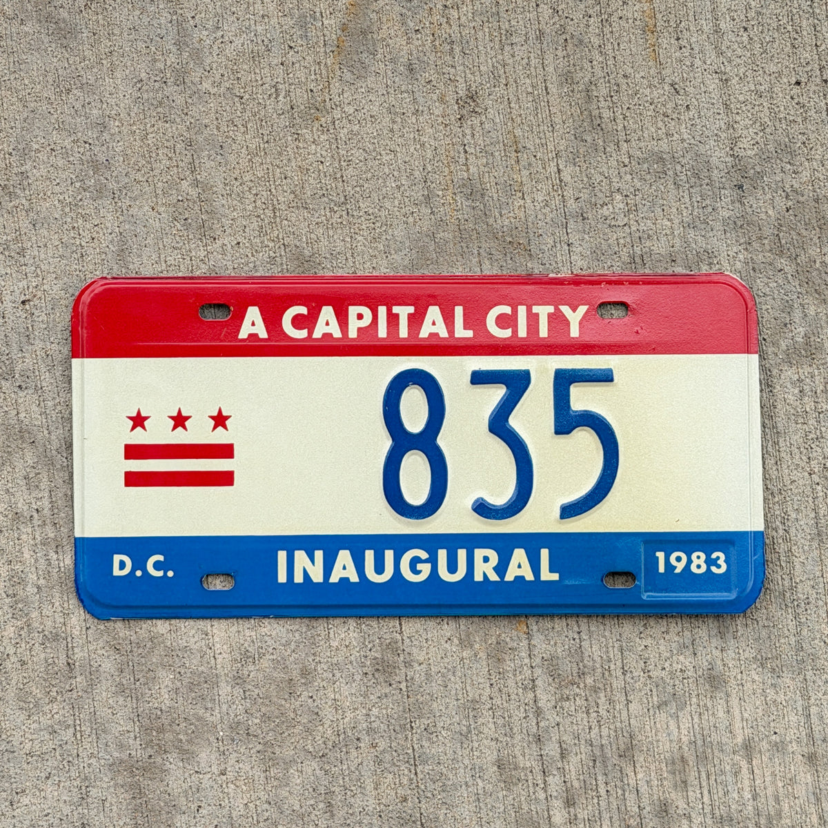 Photo of a 1983 Washington DC Inaugural License Plate Auto Tag 1 Vintage Garage Mayor Mayoral Election Marion Barry 835 with original patina