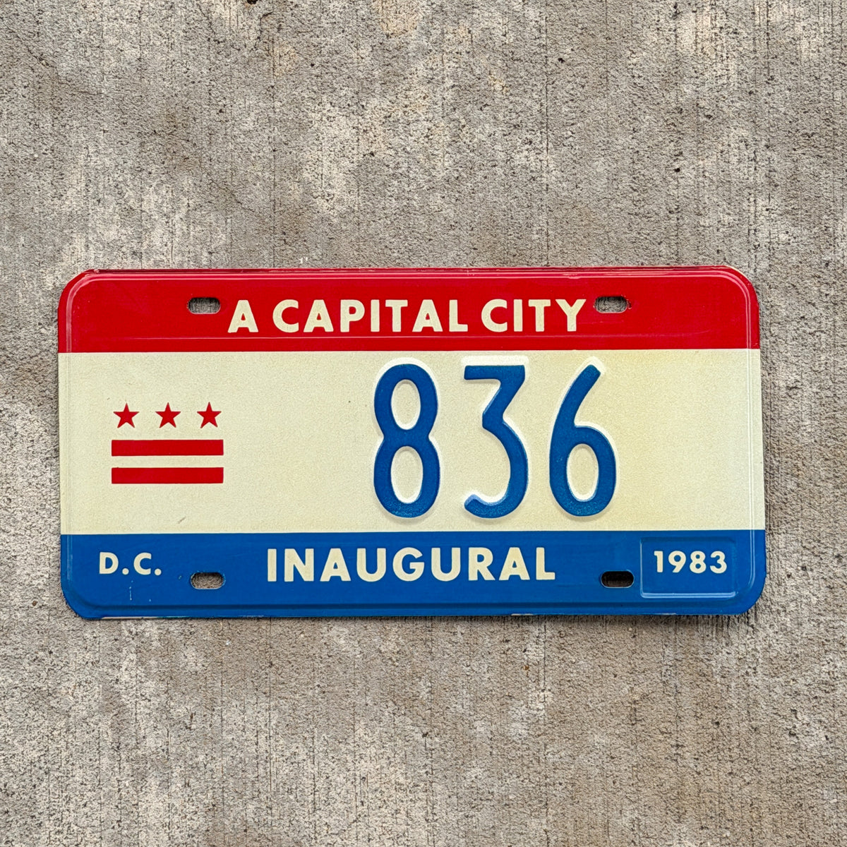Photo of a 1983 Washington DC Inaugural License Plate Auto Tag 1 Vintage Garage Mayor Mayoral Election Marion Barry 836 with original patina