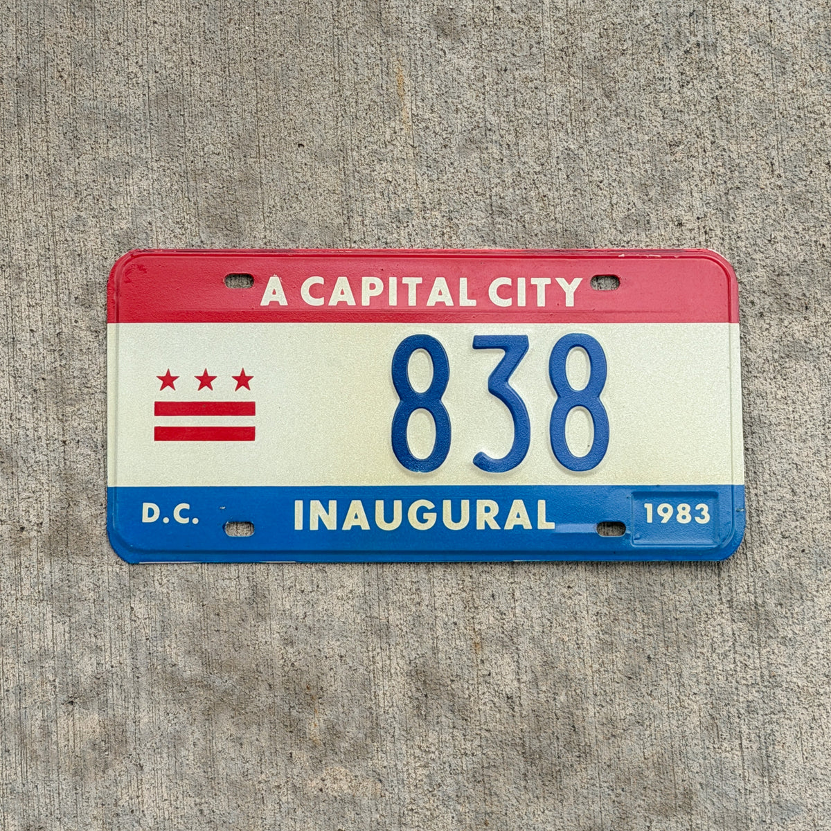 Photo of a 1983 Washington DC Inaugural License Plate Auto Tag 1 Vintage Garage Mayor Mayoral Election Marion Barry 838 with original patina
