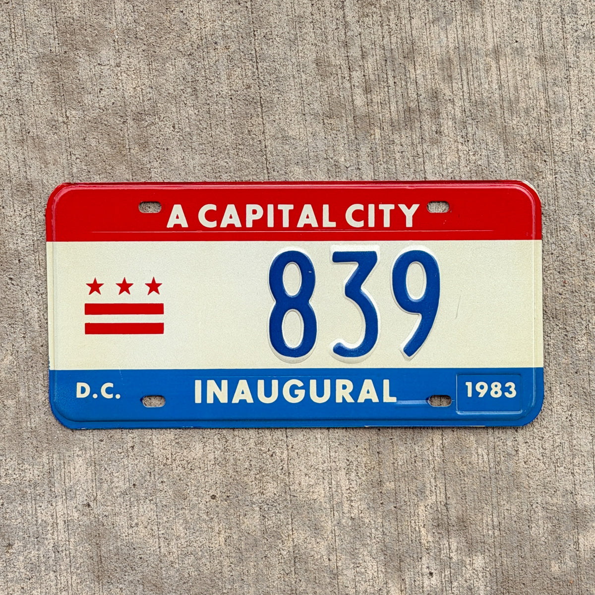 Photo of a 1983 Washington DC Inaugural License Plate Auto Tag 1 Vintage Garage Mayor Mayoral Election Marion Barry 839 with original patina
