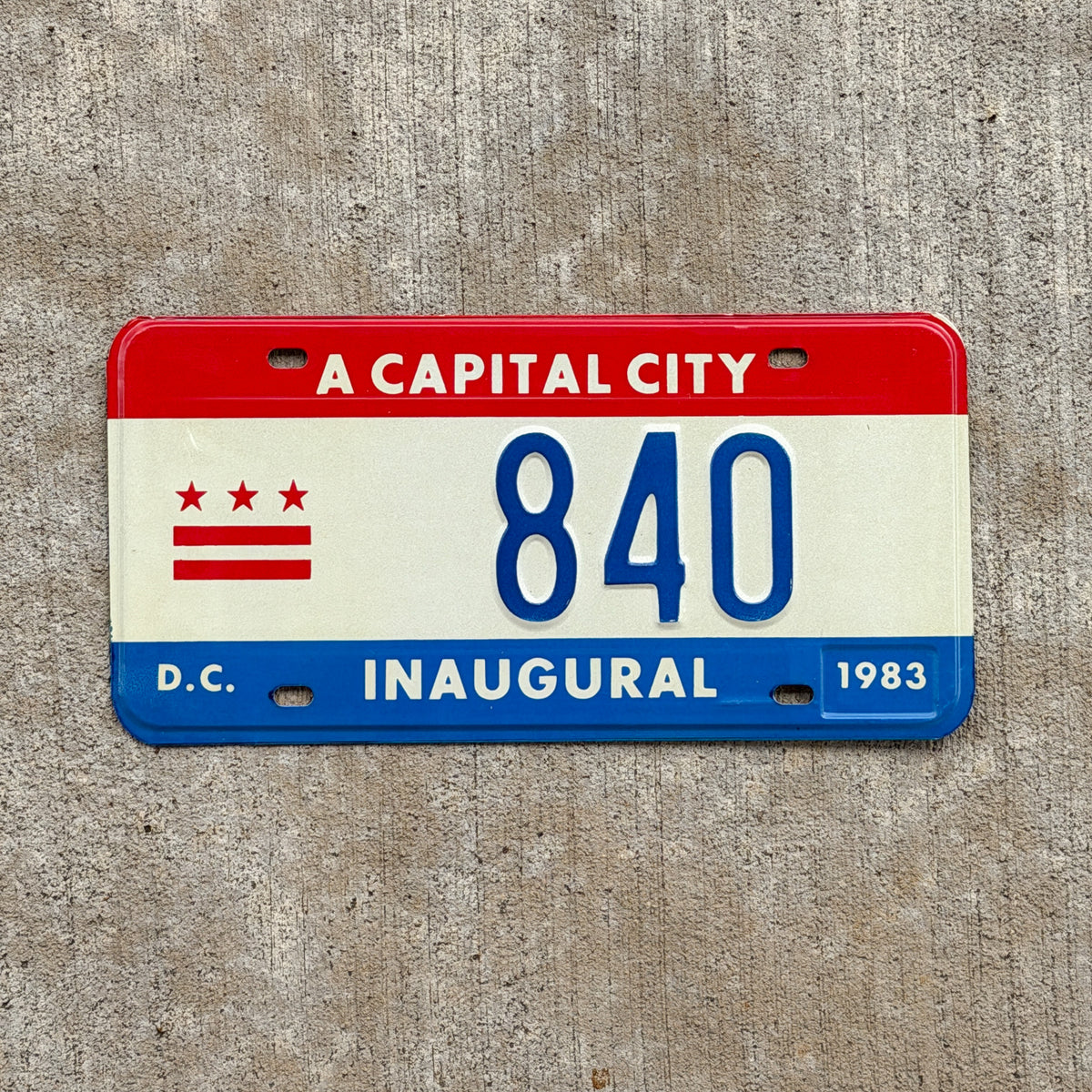 Photo of a 1983 Washington DC Inaugural License Plate Auto Tag 1 Vintage Garage Mayor Mayoral Election Marion Barry 840 with original patina
