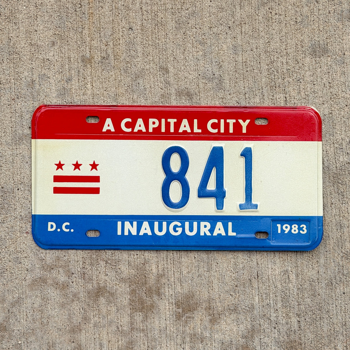Photo of a 1983 Washington DC Inaugural License Plate Auto Tag 1 Vintage Garage Mayor Mayoral Election Marion Barry 841 with original patina