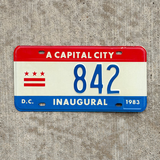 Photo of a 1983 Washington DC Inaugural License Plate Auto Tag 1 Vintage Garage Mayor Mayoral Election Marion Barry 842 with original patina