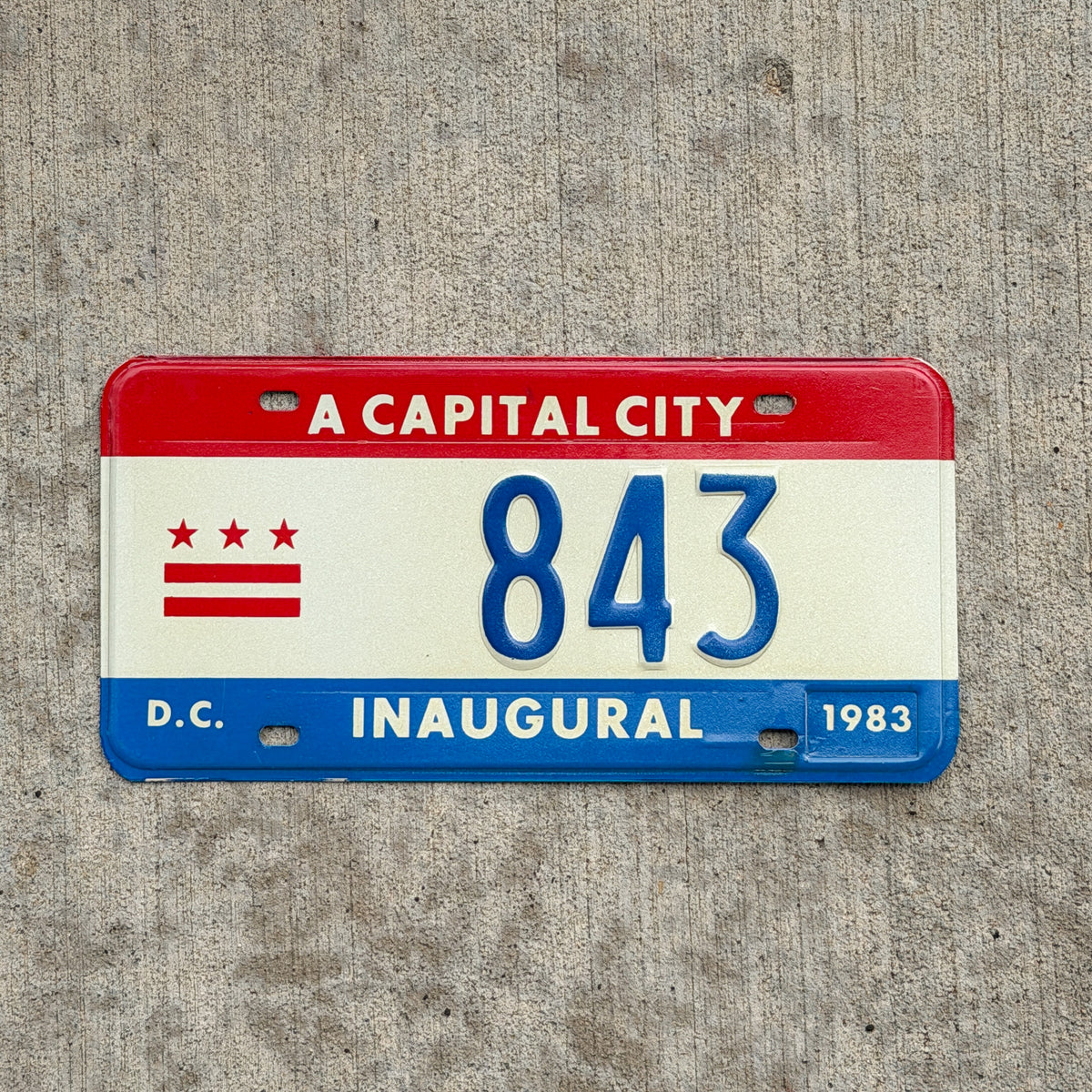 Photo of a 1983 Washington DC Inaugural License Plate Auto Tag 1 Vintage Garage Mayor Mayoral Election Marion Barry 843 with original patina