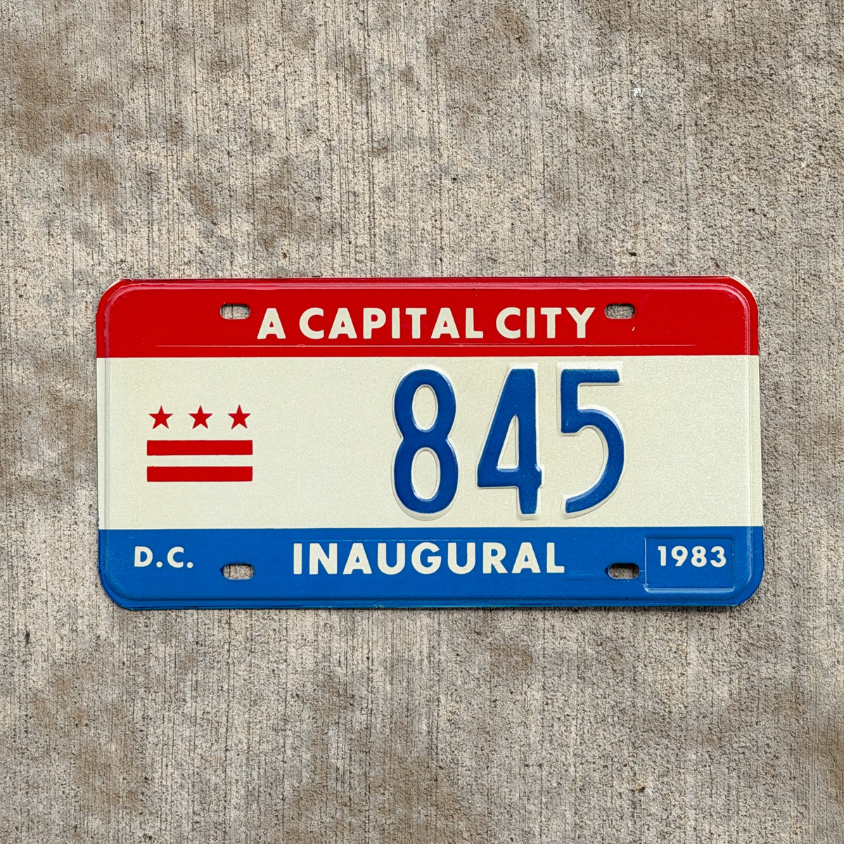 Photo of a 1983 Washington DC Inaugural License Plate Auto Tag 1 Vintage Garage Mayor Mayoral Election Marion Barry 845 with original patina