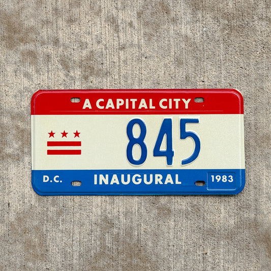 Photo of a 1983 Washington DC Inaugural License Plate Auto Tag 1 Vintage Garage Mayor Mayoral Election Marion Barry 845 with original patina