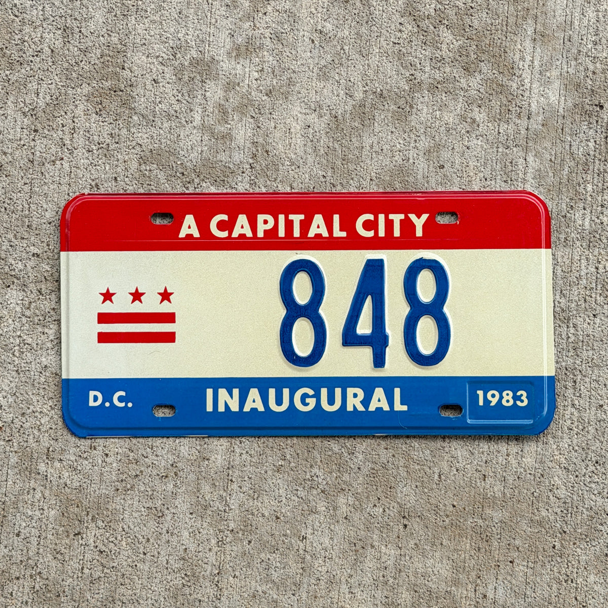 Photo of a 1983 Washington DC Inaugural License Plate Auto Tag 1 Vintage Garage Mayor Mayoral Election Marion Barry 848 with original patina