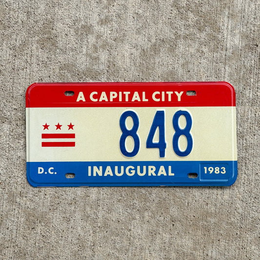 Photo of a 1983 Washington DC Inaugural License Plate Auto Tag 1 Vintage Garage Mayor Mayoral Election Marion Barry 848 with original patina