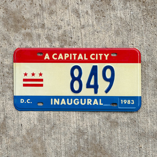 Photo of a 1983 Washington DC Inaugural License Plate Auto Tag 1 Vintage Garage Mayor Mayoral Election Marion Barry 849 with original patina