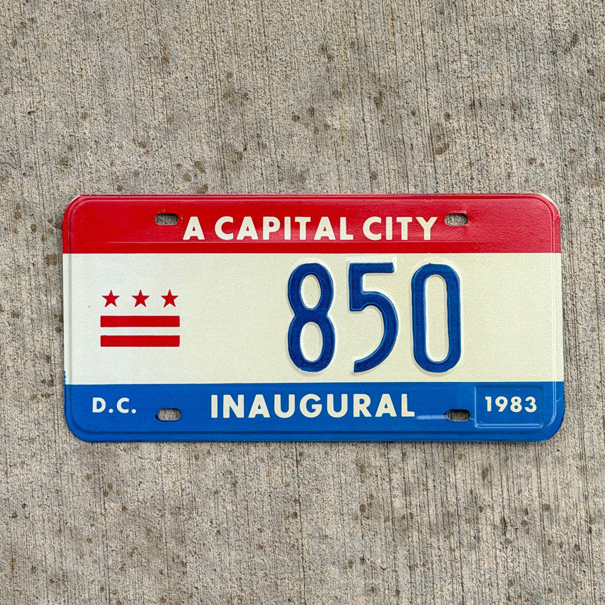 Photo of a 1983 Washington DC Inaugural License Plate Auto Tag 1 Vintage Garage Mayor Mayoral Election Marion Barry 850 with original patina