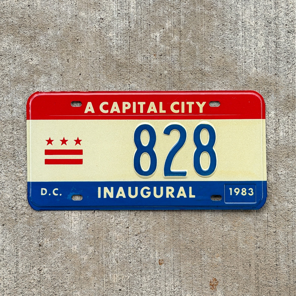 Photo of a 1983 Washington DC Inaugural License Plate Auto Tag 2 Vintage Garage Mayor Mayoral Election Marion Barry 828 with original patina