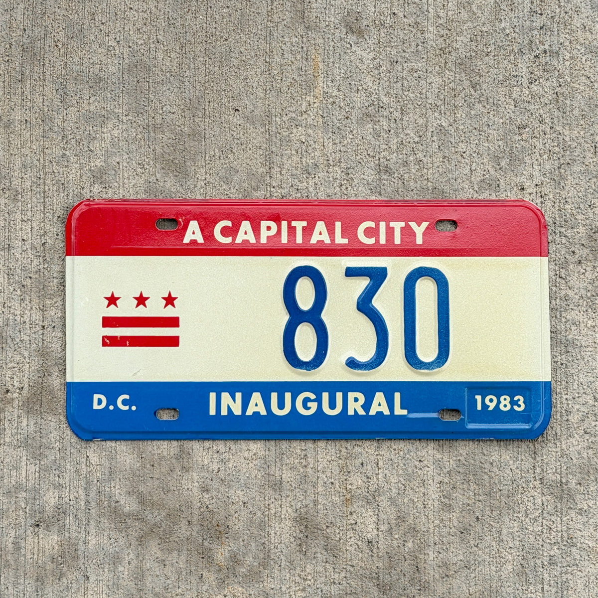 Photo of a 1983 Washington DC Inaugural License Plate Auto Tag 2 Vintage Garage Mayor Mayoral Election Marion Barry 830 with original patina