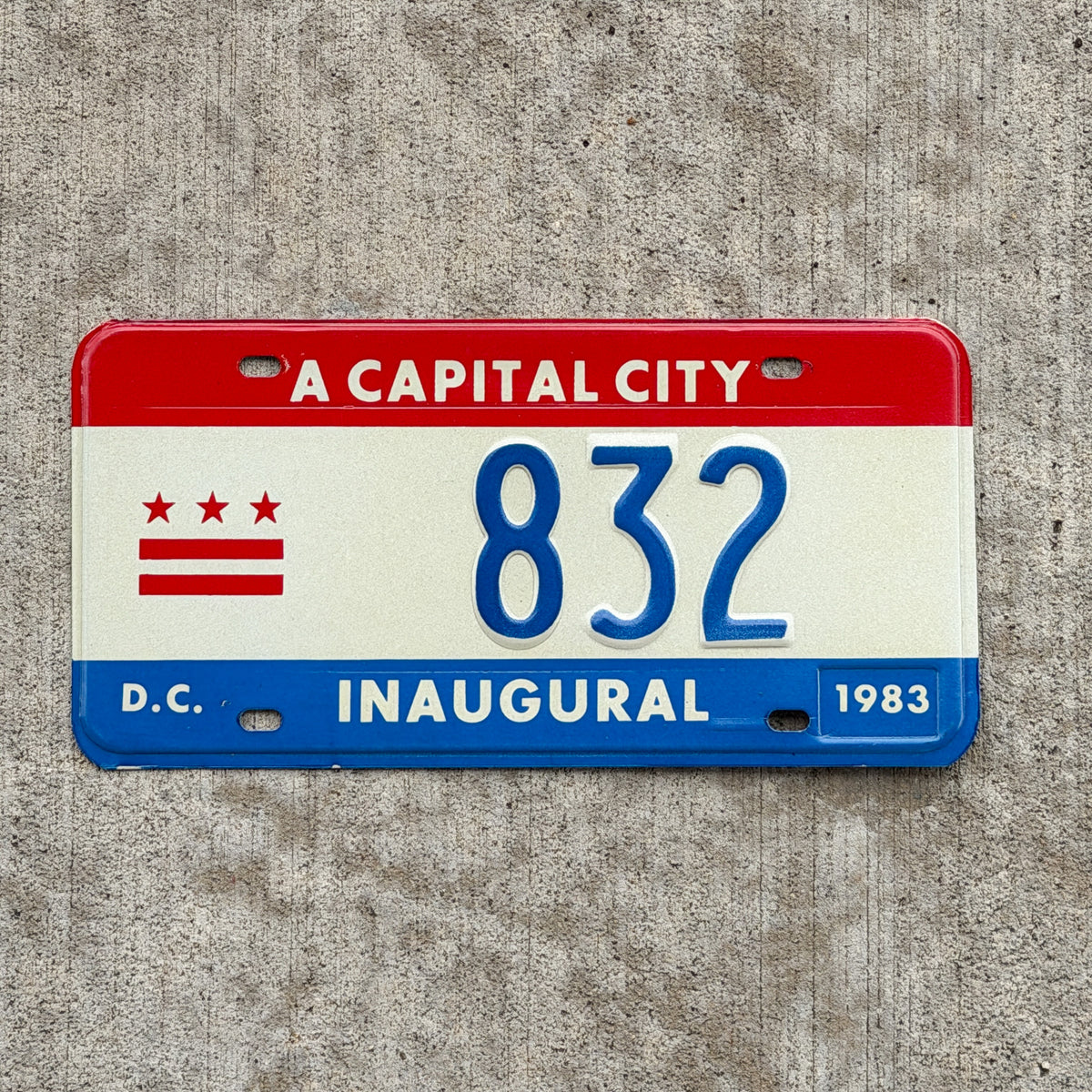 Photo of a 1983 Washington DC Inaugural License Plate Auto Tag 2 Vintage Garage Mayor Mayoral Election Marion Barry 832 with original patina