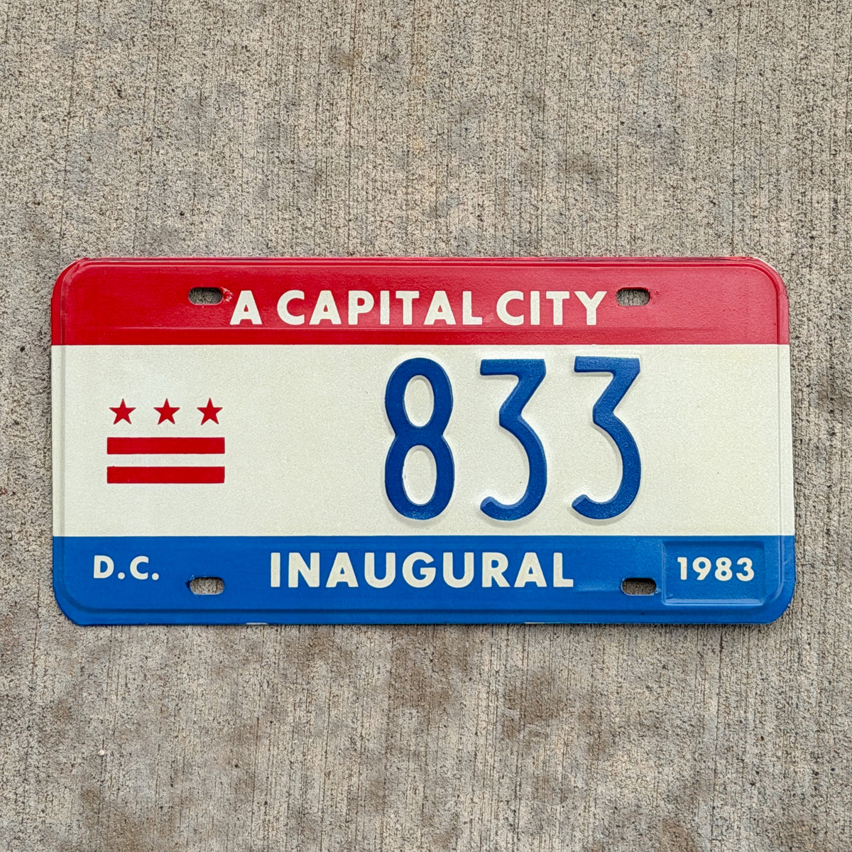 Photo of a 1983 Washington DC Inaugural License Plate Auto Tag 2 Vintage Garage Mayor Mayoral Election Marion Barry 833 with original patina