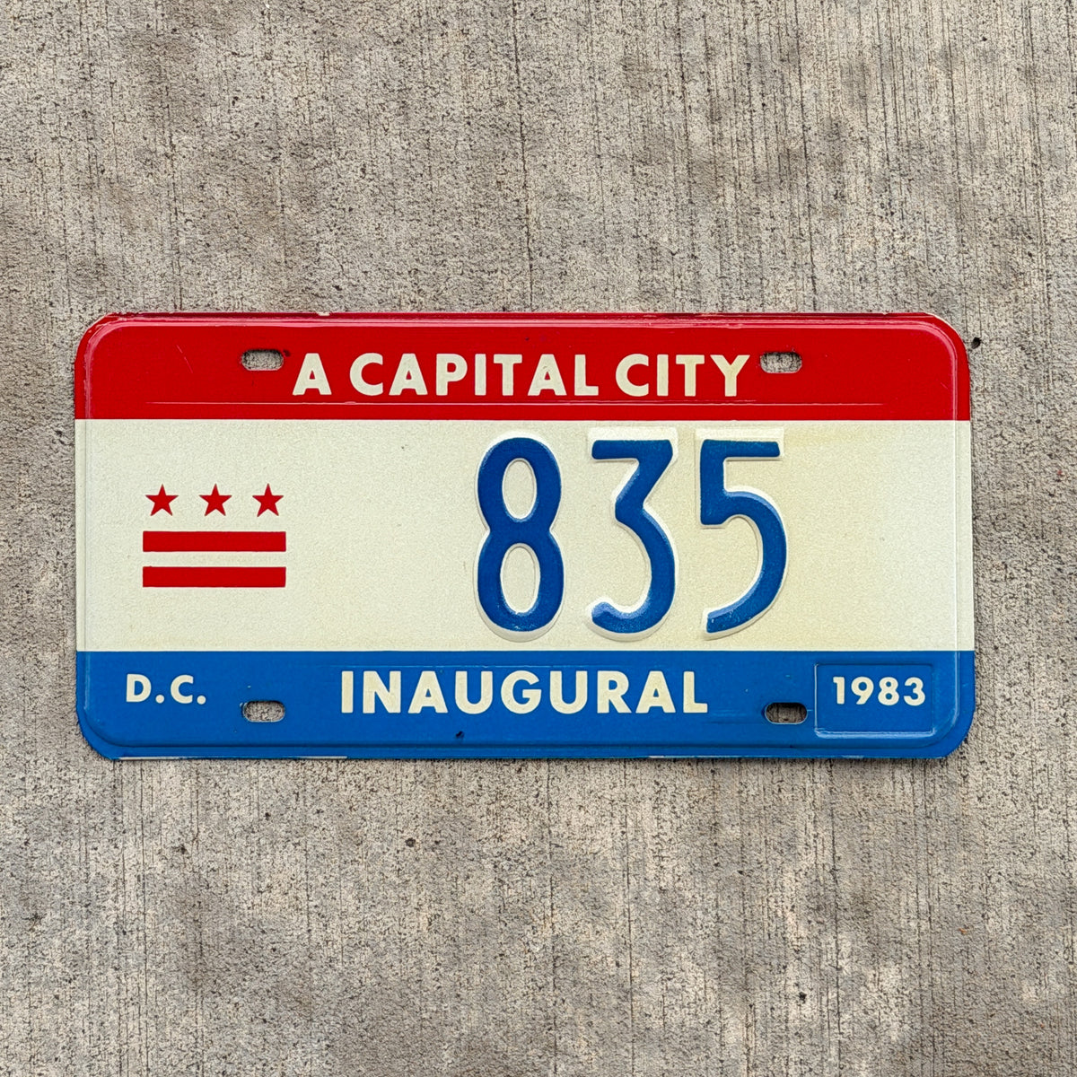 Photo of a 1983 Washington DC Inaugural License Plate Auto Tag 2 Vintage Garage Mayor Mayoral Election Marion Barry 835 with original patina