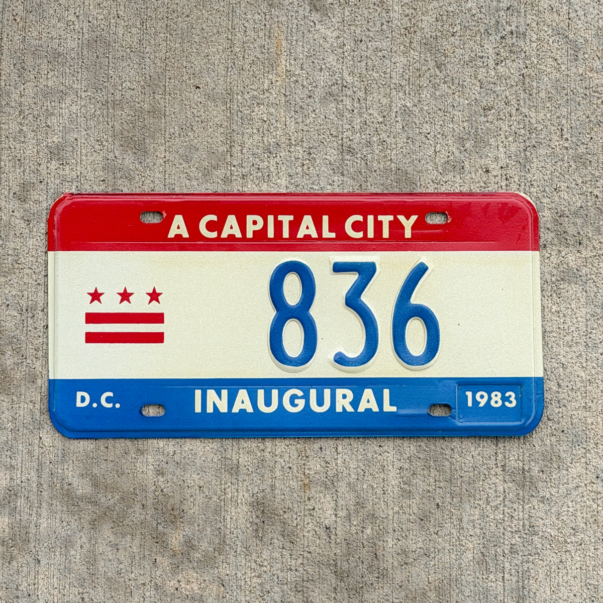 Photo of a 1983 Washington DC Inaugural License Plate Auto Tag 2 Vintage Garage Mayor Mayoral Election Marion Barry 836 with original patina