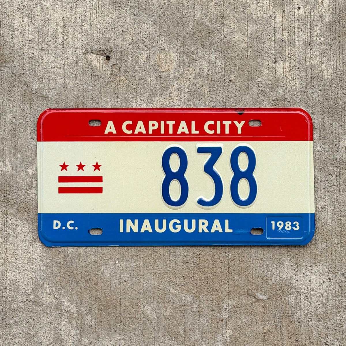 Photo of a 1983 Washington DC Inaugural License Plate Auto Tag 2 Vintage Garage Mayor Mayoral Election Marion Barry 838 with original patina