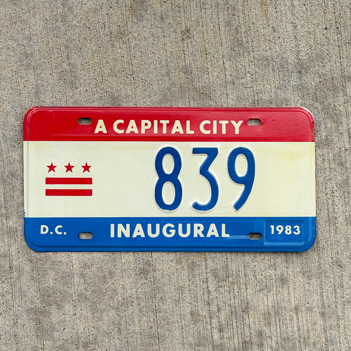 Photo of a 1983 Washington DC Inaugural License Plate Auto Tag 2 Vintage Garage Mayor Mayoral Election Marion Barry 839 with original patina