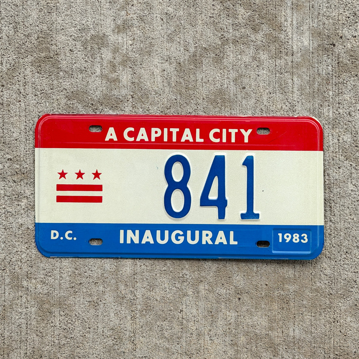 Photo of a 1983 Washington DC Inaugural License Plate Auto Tag 2 Vintage Garage Mayor Mayoral Election Marion Barry 841 with original patina