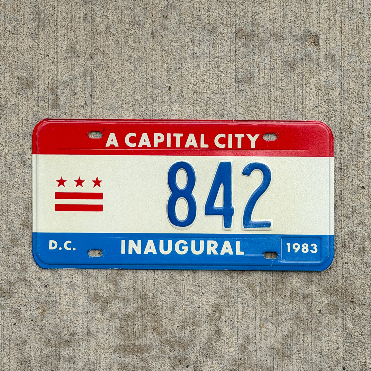 Photo of a 1983 Washington DC Inaugural License Plate Auto Tag 2 Vintage Garage Mayor Mayoral Election Marion Barry 842 with original patina