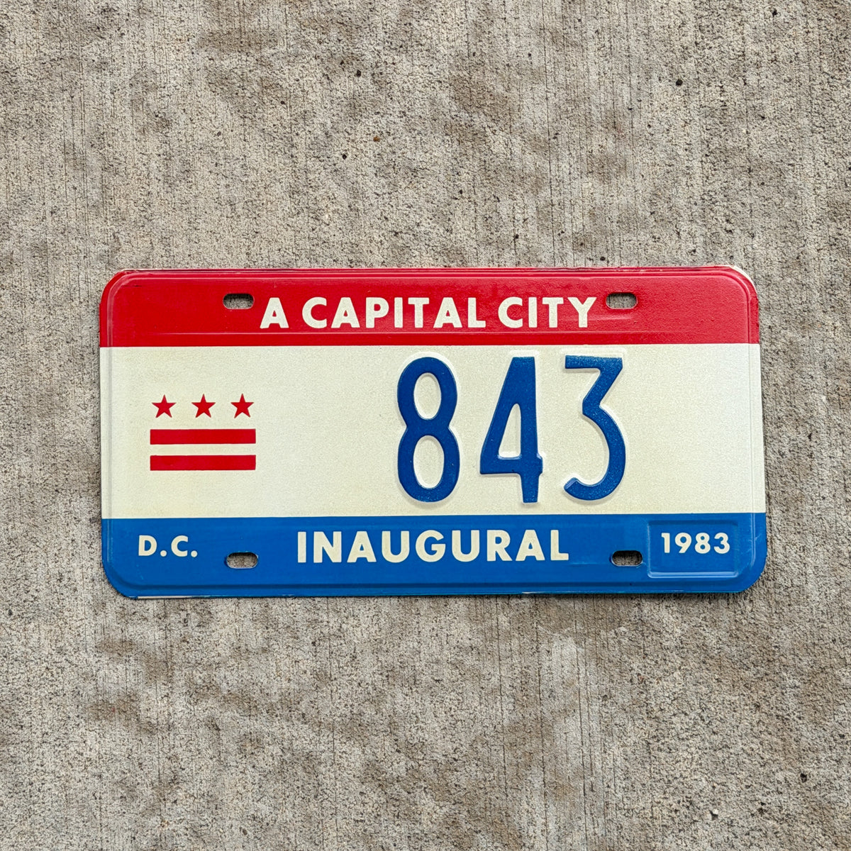 Photo of a 1983 Washington DC Inaugural License Plate Auto Tag 2 Vintage Garage Mayor Mayoral Election Marion Barry 843 with original patina