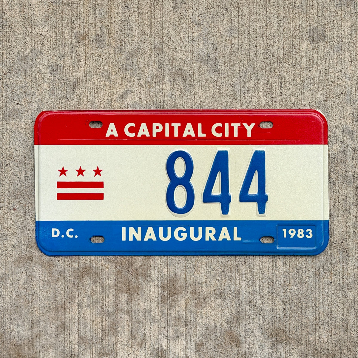 Photo of a 1983 Washington DC Inaugural License Plate Auto Tag 2 Vintage Garage Mayor Mayoral Election Marion Barry 844 with original patina