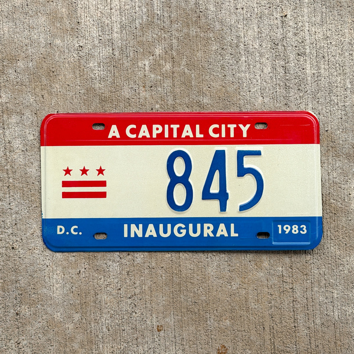 Photo of a 1983 Washington DC Inaugural License Plate Auto Tag 2 Vintage Garage Mayor Mayoral Election Marion Barry 845 with original patina