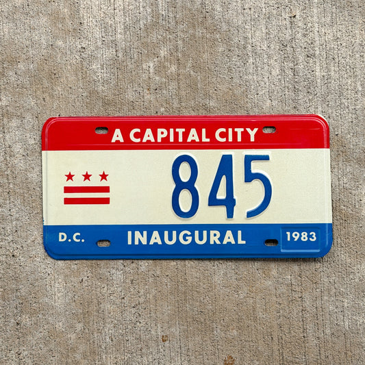 Photo of a 1983 Washington DC Inaugural License Plate Auto Tag 2 Vintage Garage Mayor Mayoral Election Marion Barry 845 with original patina