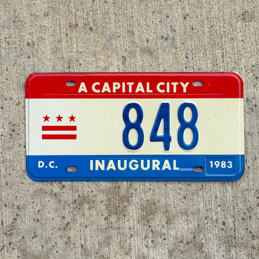 Photo of a 1983 Washington DC Inaugural License Plate Auto Tag 2 Vintage Garage Mayor Mayoral Election Marion Barry 848 with original patina