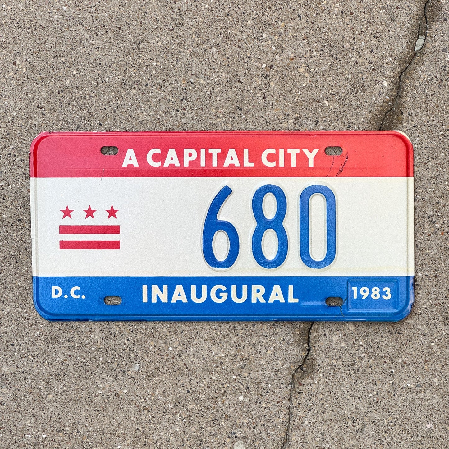 Photo of a 1983 Washington DC Mayor Inaugural License Plate Auto Tag 1 Garage Decor Politics Political Low Number Three Digit 680 with original patina