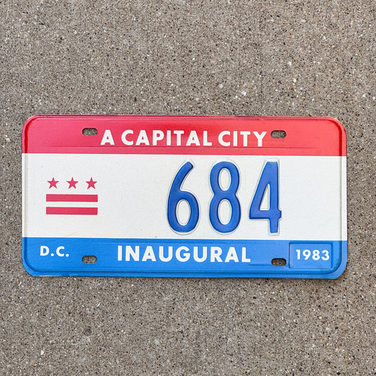 Photo of a 1983 Washington DC Mayor Inaugural License Plate Auto Tag 1 Garage Decor Politics Political Low Number Three Digit 684 with original patina