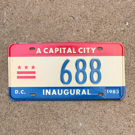 Photo of a 1983 Washington DC Mayor Inaugural License Plate Auto Tag 1 Garage Decor Politics Political Low Number Three Digit 688 with original patina
