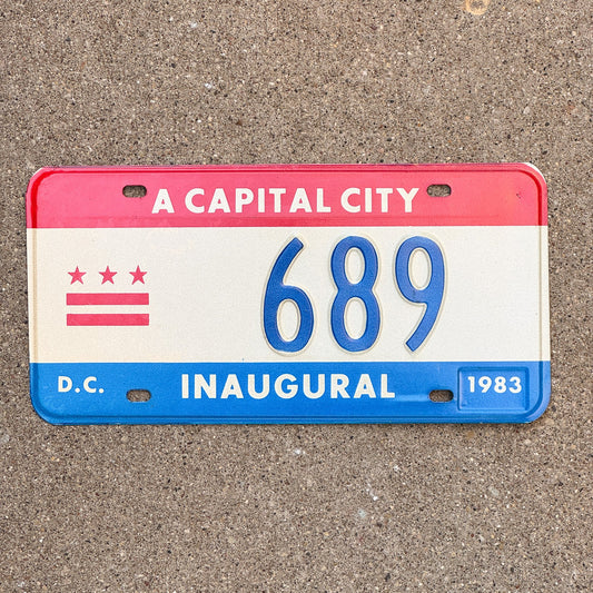 Photo of a 1983 Washington DC Mayor Inaugural License Plate Auto Tag 1 Garage Decor Politics Political Low Number Three Digit 689 with original patina