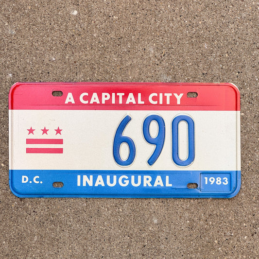 Photo of a 1983 Washington DC Mayor Inaugural License Plate Auto Tag 1 Garage Decor Politics Political Low Number Three Digit 690 with original patina