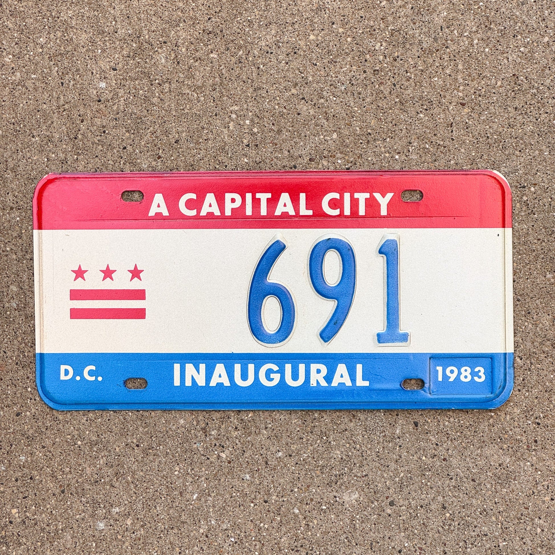 Photo of a 1983 Washington DC Mayor Inaugural License Plate Auto Tag 1 Garage Decor Politics Political Low Number Three Digit 691 with original patina