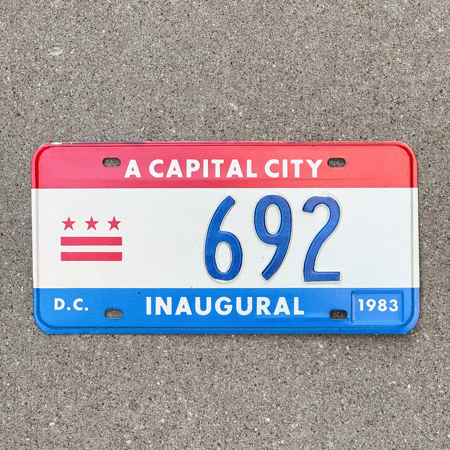 Photo of a 1983 Washington DC Mayor Inaugural License Plate Auto Tag 1 Garage Decor Politics Political Low Number Three Digit 692 with original patina