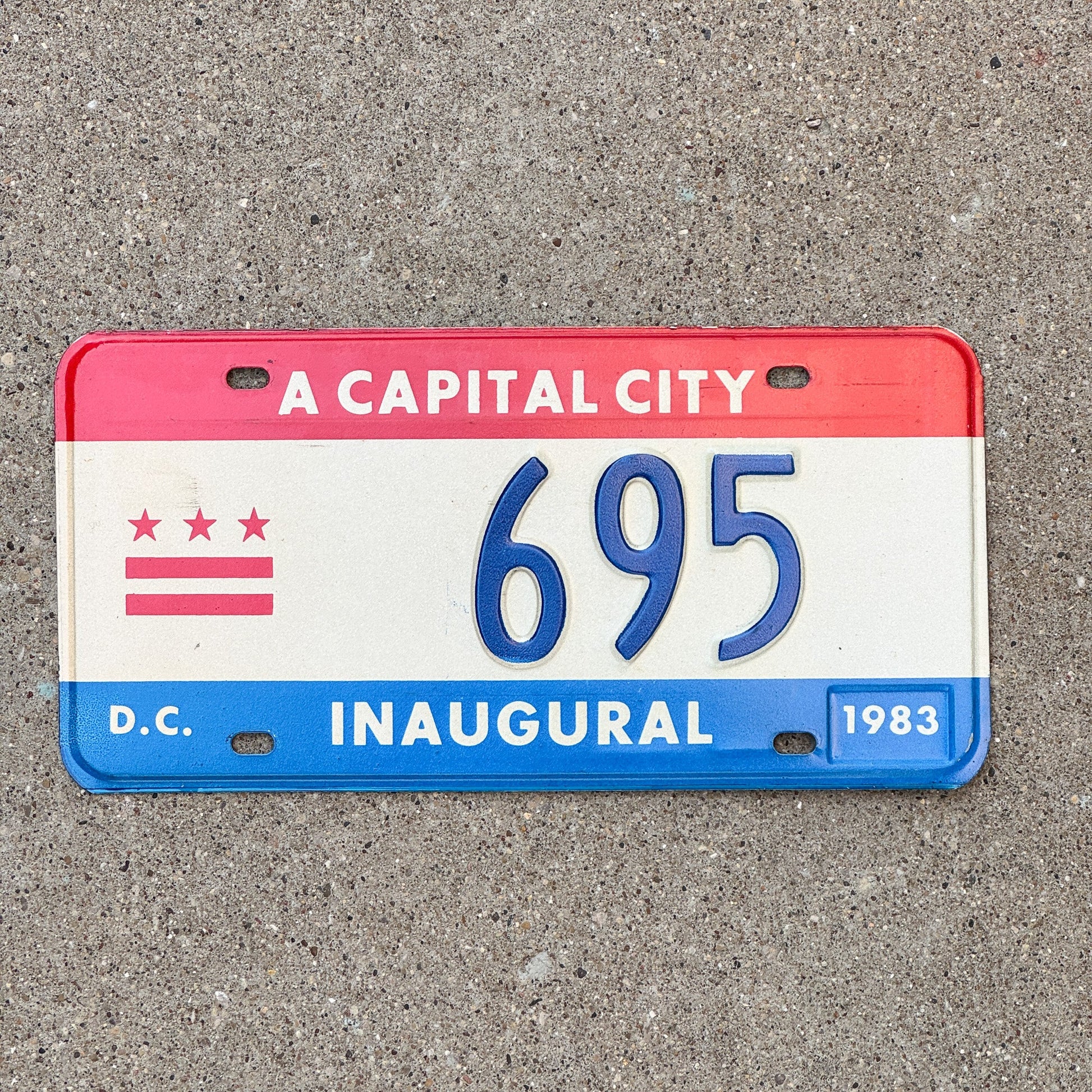 Photo of a 1983 Washington DC Mayor Inaugural License Plate Auto Tag 1 Garage Decor Politics Political Low Number Three Digit 695 with original patina